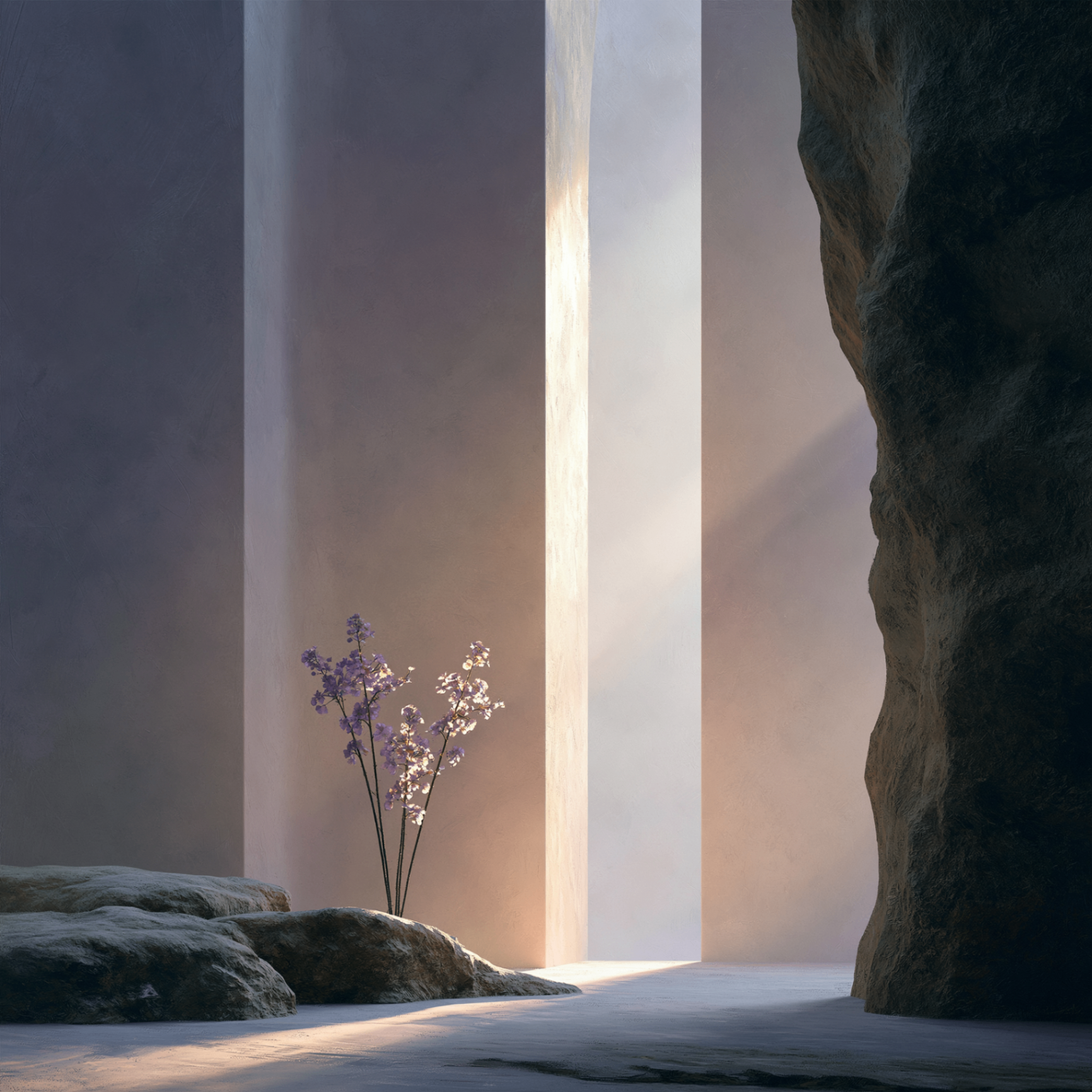 Minimalist architectural still life with lavender flowers, stone forms, and a narrow vertical beam of warm light