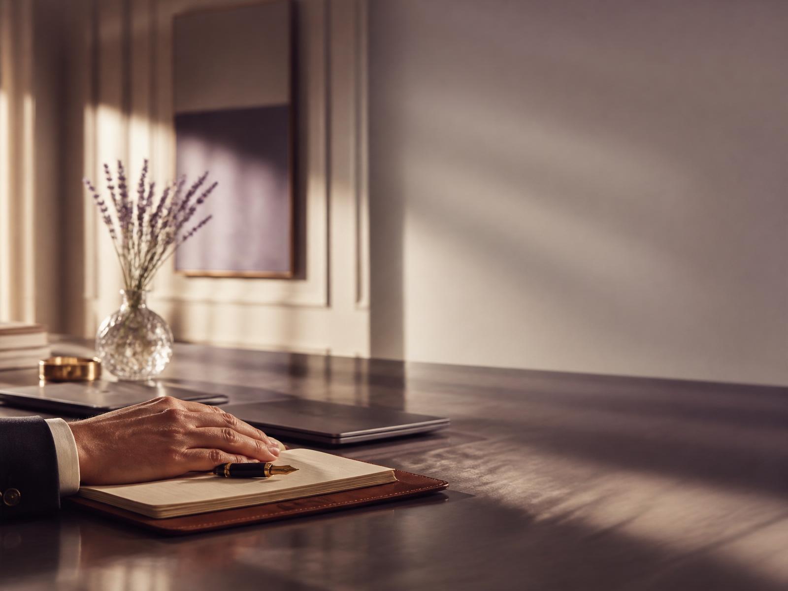 Warm executive advisory scene: leather notebook, fountain pen, and lavender stems in soft afternoon light